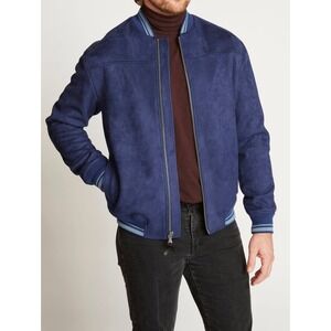 Robert Graham Mens Blue Suede Bomber Jacket Lined Quilted Zip Front Size XL